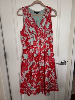 Banana Republic Red Orange Floral Midi Dress with Mint Background